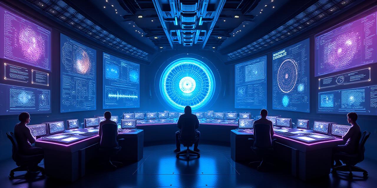 Futuristic mission control center with glowing blue screens