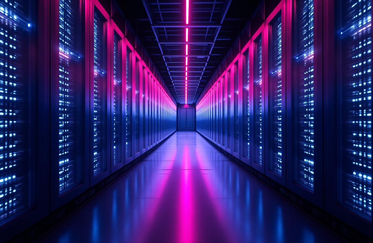 Futuristic server room with cosmic lighting